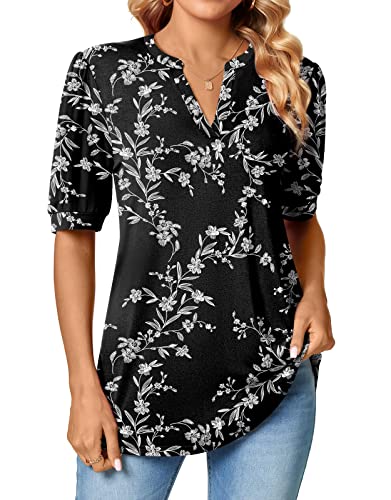 Anyally Womens Summer V-Neck T-Shirts Puff Short Sleeve Tops Plus Size Cute Work Blouses, 2XL Carved White + Black - Image 3