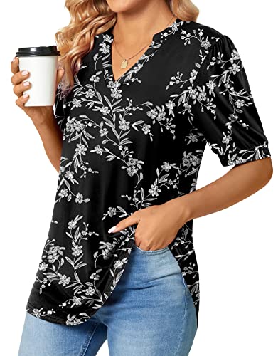 Anyally Womens Summer V-Neck T-Shirts Puff Short Sleeve Tops Plus Size Cute Work Blouses, 2XL Carved White + Black - Image 2