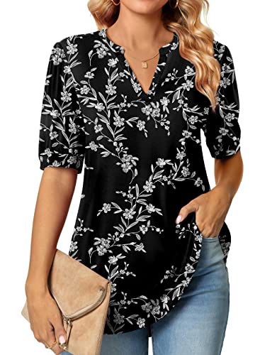 Anyally Womens Summer V-Neck T-Shirts Puff Short Sleeve Tops Plus Size Cute Work Blouses, 2XL Carved White + Black - Image 1