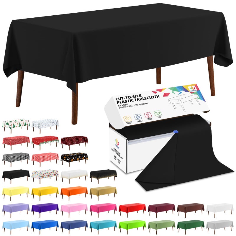 CXPSINC 54 Inch X 300 Feet Plastic Table Cover Roll Disposable Tablecloth with Slide Cutter for All TypeShape Tables  Picnic Party Banquet Birthdays Weddings Black 300 Feet