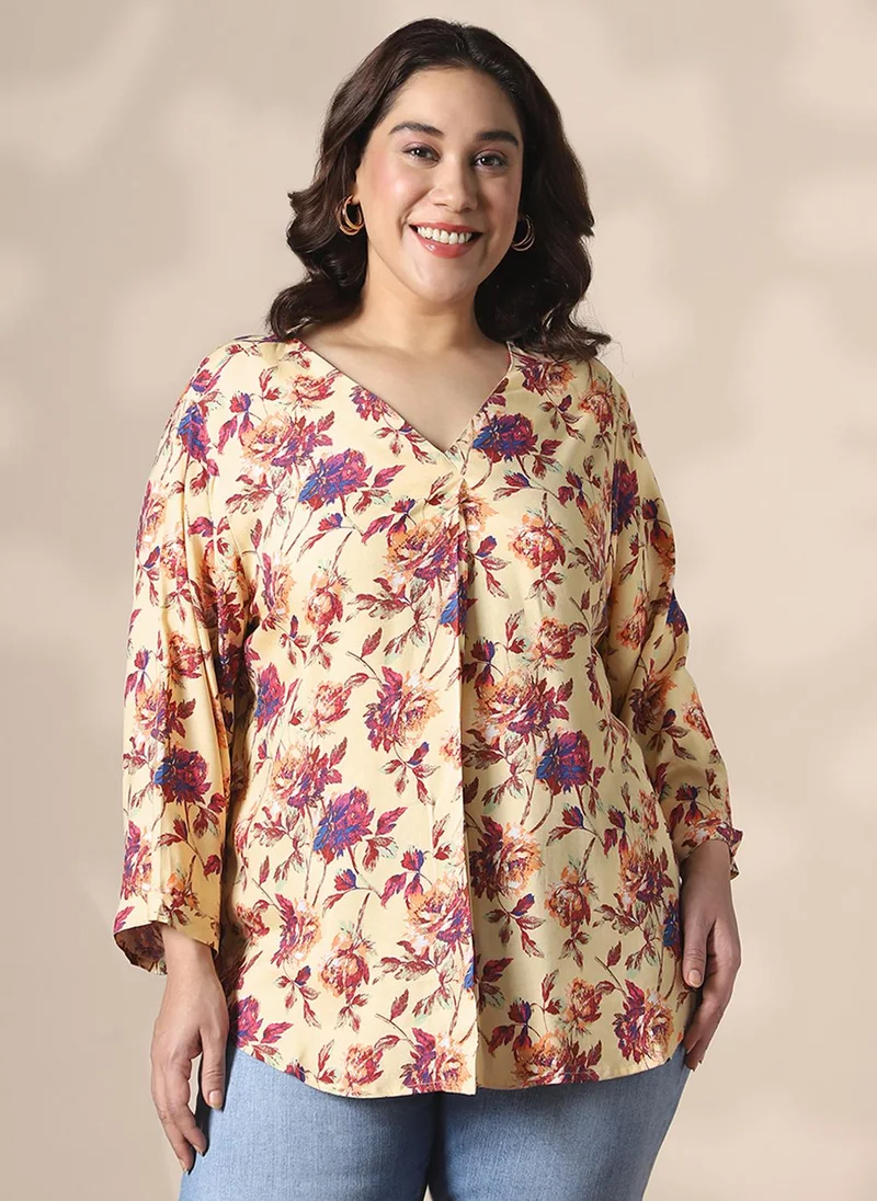 globus Globus Gloplus Women Cream V-Neck Floral Print Curved Hem Plus Size Top