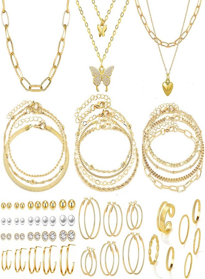 IFNODO 47pcs Gold Jewelry Set With 3 PCS Necklace, 11 PCS Bracelet,20pcs Hoop Stud Earrings,7pcs rings set For Women For Birthday Gifts, adjustable, Alloy Steel, No Gemstone - Image 1