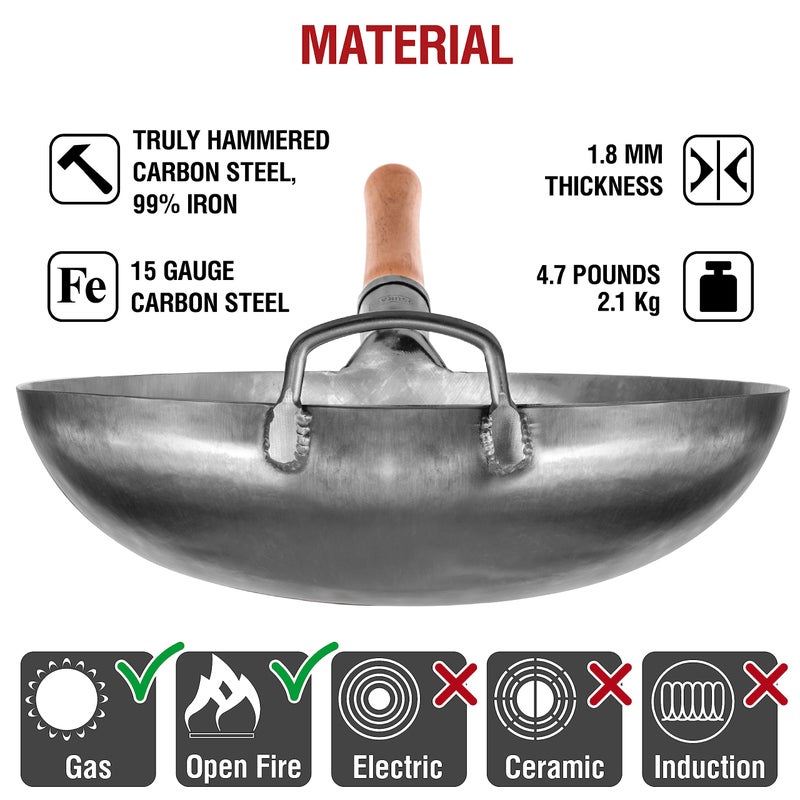 YOSUKATA 14â€ Round Bottom Carbon Steel Woks and Stir Fry Pans â€“ Unseasoned Pow Wok for Stir Fry, BBQ & Camping â€“ Hand-Hammered Traditional Japanese and Chinese Pan â€“ Gas Stove, Open Fire Only - Image 5