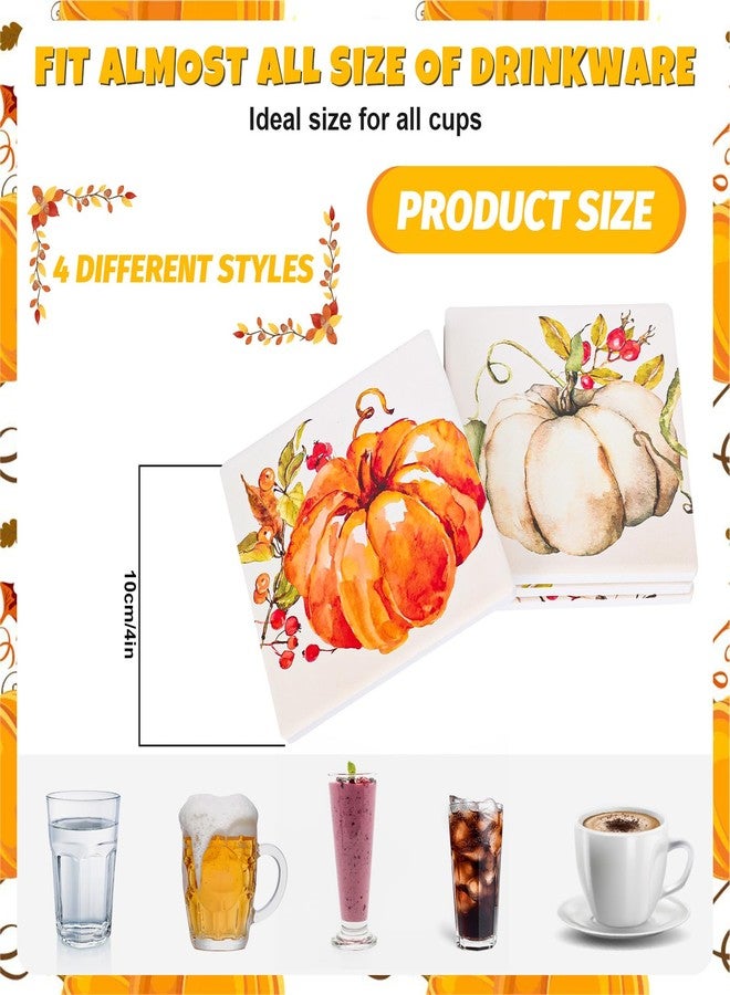 وولاين قاعدة أكواب مربعة الشكل من السيراميك الطبيعي الماص للماء، بتصميم يقطين مائي، من Whaline، مثالية لفصل الخريف وعيد الشكر. مناسبة للأكواب والأكواب المنزلية والمطبخية والمكتبية ولوازم الحفلات، 4 قطع - Image 2