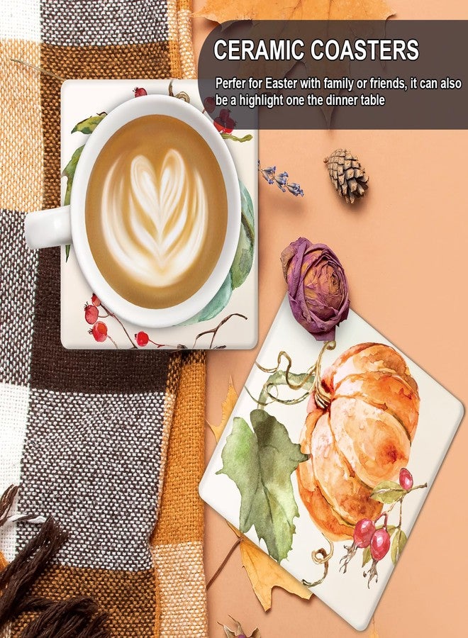 وولاين قاعدة أكواب مربعة الشكل من السيراميك الطبيعي الماص للماء، بتصميم يقطين مائي، من Whaline، مثالية لفصل الخريف وعيد الشكر. مناسبة للأكواب والأكواب المنزلية والمطبخية والمكتبية ولوازم الحفلات، 4 قطع - Image 4