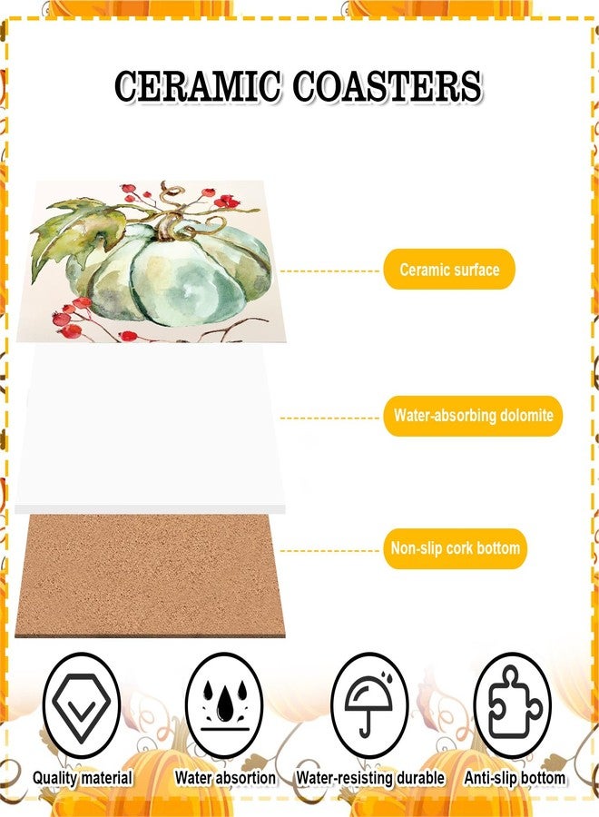 وولاين قاعدة أكواب مربعة الشكل من السيراميك الطبيعي الماص للماء، بتصميم يقطين مائي، من Whaline، مثالية لفصل الخريف وعيد الشكر. مناسبة للأكواب والأكواب المنزلية والمطبخية والمكتبية ولوازم الحفلات، 4 قطع - Image 3