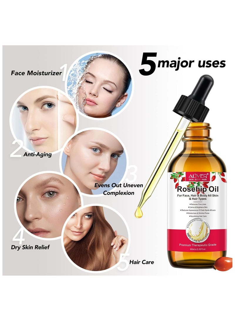 ALIVER Rosehip Oil 60ml, 100% Pure Rosehip seed Oil for Face with Vitamin C, Cold Pressed Rose hip Oil Organic for Stretch Marks,Hair,Skin,Fine Lines & Wrinkles  - Image 3