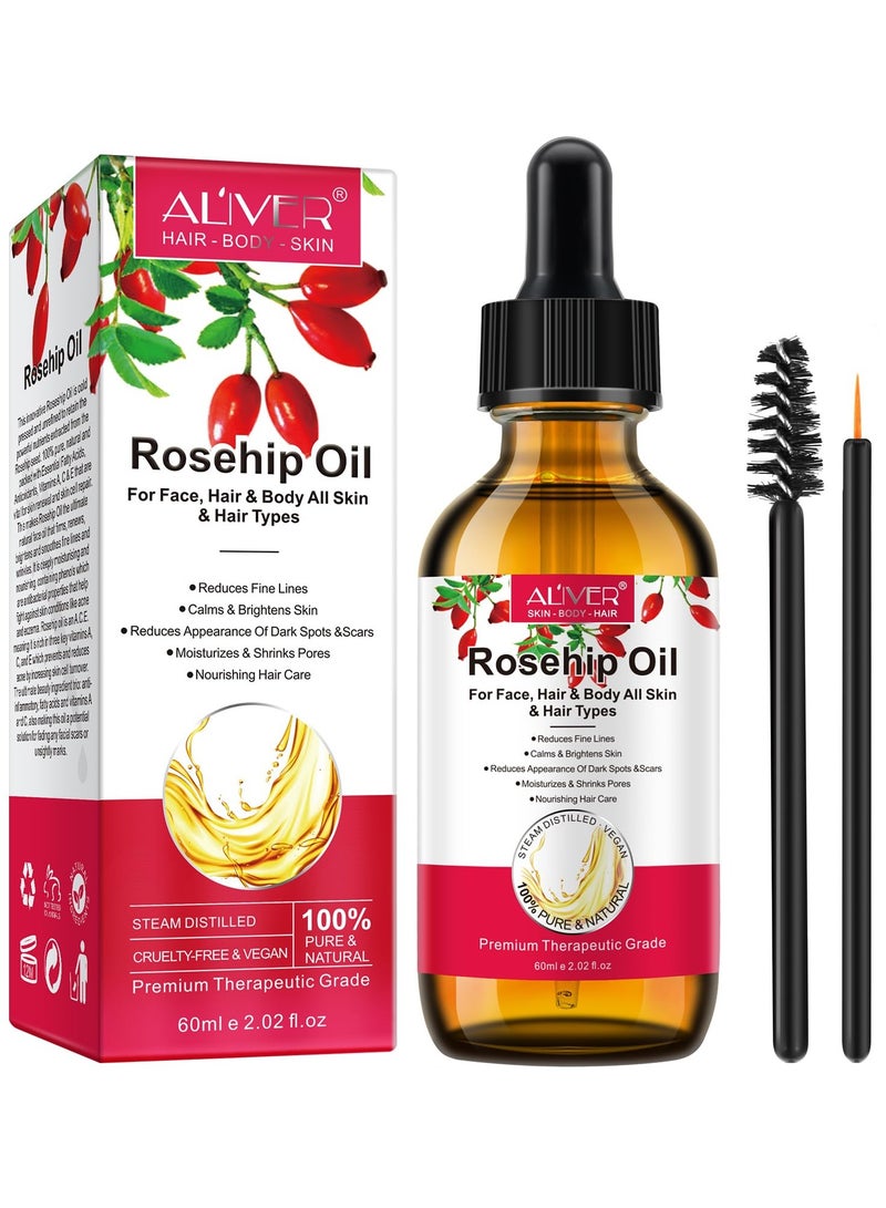 ALIVER Rosehip Oil 60ml, 100% Pure Rosehip seed Oil for Face with Vitamin C, Cold Pressed Rose hip Oil Organic for Stretch Marks,Hair,Skin,Fine Lines & Wrinkles  - Image 1