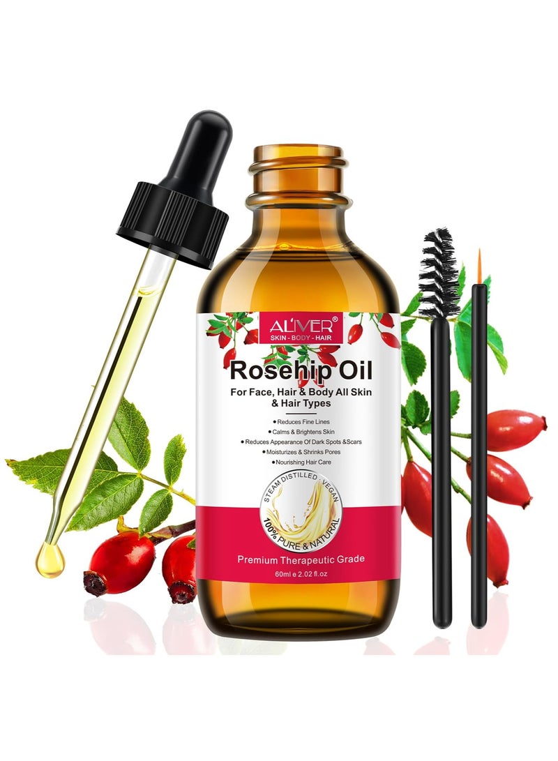 ALIVER Rosehip Oil 60ml, 100% Pure Rosehip seed Oil for Face with Vitamin C, Cold Pressed Rose hip Oil Organic for Stretch Marks,Hair,Skin,Fine Lines & Wrinkles  - Image 2