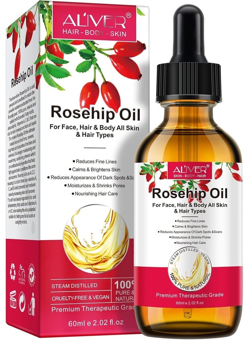ALIVER Rosehip Oil 60ml, 100% Pure Rosehip seed Oil for Face with Vitamin C, Cold Pressed Rose hip Oil Organic for Stretch Marks,Hair,Skin,Fine Lines & Wrinkles - Image 2