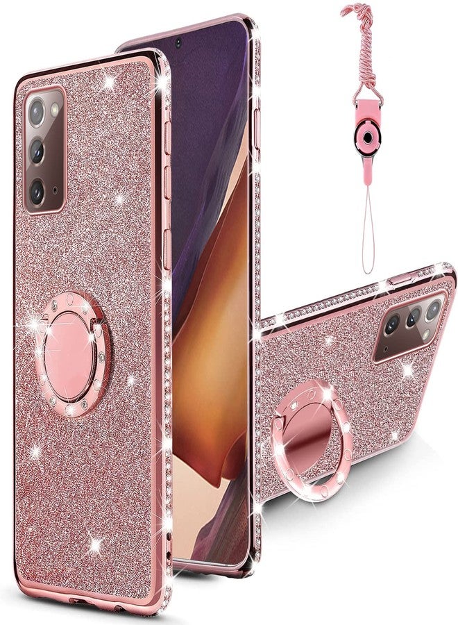 Easyscen for Galaxy Note 20 Case with Ring Stand Lanyard Strap, Cute Bling Shiny Glitter Girly Women Drop Protection Shockproof 2-Layer Protective Phone Cover for Samsung Note 20 5G - Rose Gold - Image 1