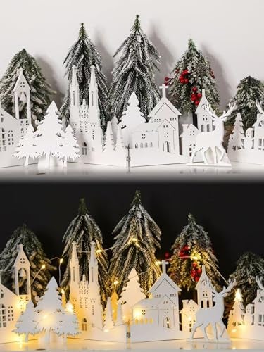 Colingmill 32 Inch Christmas Tabletop Decoration Wooden Christmas Themed White Church Xmas Tree and Elk Signs Farmhouse Centerpiece Decor for Home Kitchen Table Shelf Decor - Image 1