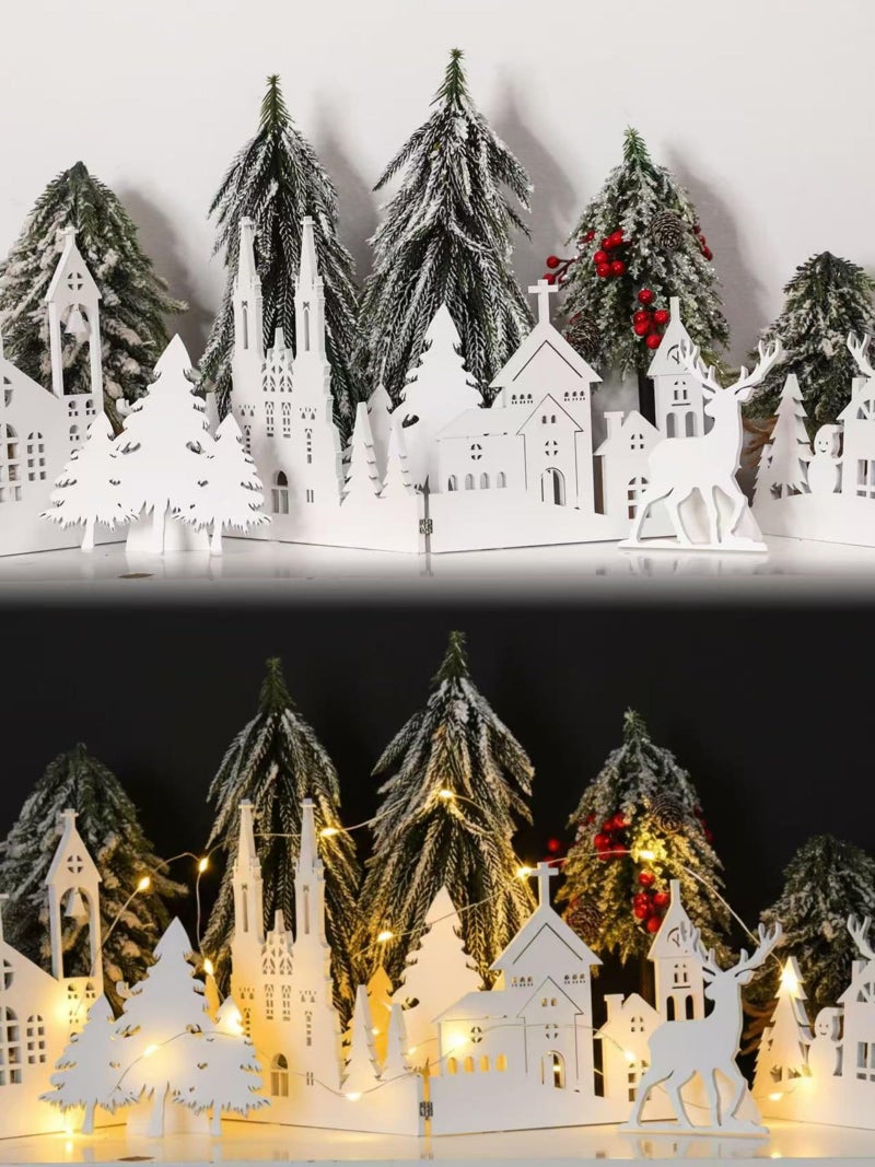 Colingmill 32 Inch Christmas Tabletop Decoration Wooden Christmas Themed White Church Xmas Tree and Elk Signs Farmhouse Centerpiece Decor for Home Kitchen Table Shelf Decor - Image 2