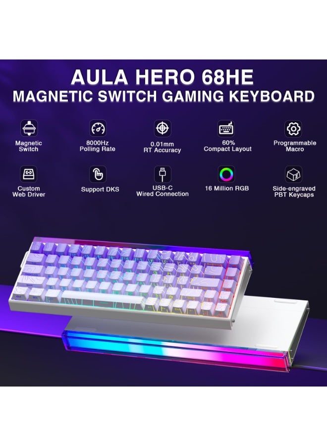 أولا لوحة مفاتيح ألعاب سلكية AULA Hero 68 HE 60%، لوحة مفاتيح مغناطيسية بتأثير هول مع تشغيل قابل للتعديل، وضع تشغيل سريع، معدل استطلاع 8 كيلو هرتز، زمن انتقال 0.125 مللي ثانية، أغطية مفاتيح PBT مطبوعة جانبية، إضاءة خلفية RGB - Image 2