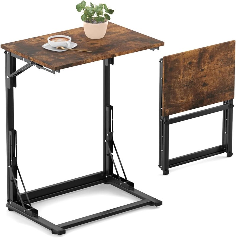 MOXYOY C-Shaped Side Table,Foldable Laptop Table,Sturdy Steel Frame Base Support,Easy to Assemble,Suitable for Living Room,Bedroom,Bathroom,Balcony, Rustic Brown - Image 1