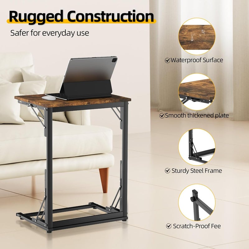 MOXYOY C-Shaped Side Table,Foldable Laptop Table,Sturdy Steel Frame Base Support,Easy to Assemble,Suitable for Living Room,Bedroom,Bathroom,Balcony, Rustic Brown - Image 3