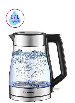Homey Glass Electric Kettle: Fast, Safe, and Stylish! Boil 1.7L of water with auto shutoff & boil dry protection. Perfect for tea and coffee.