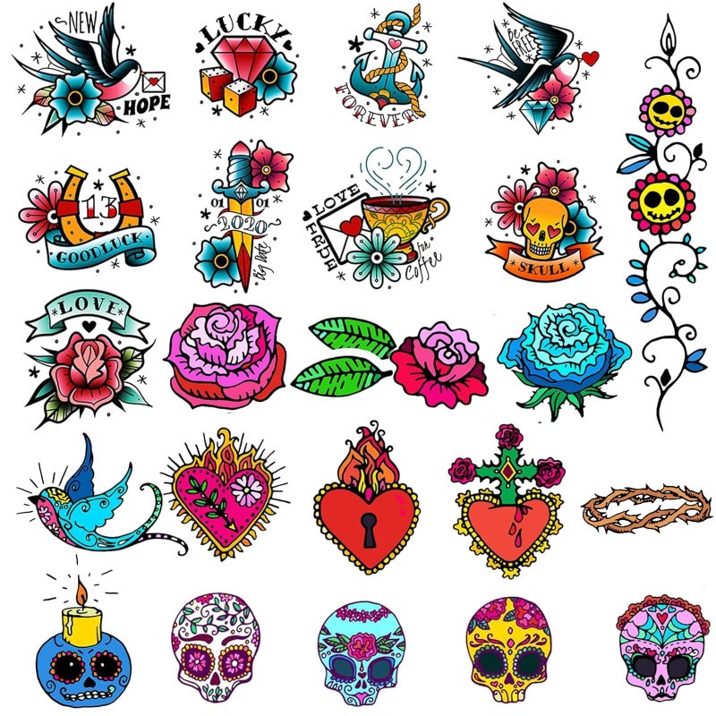 CARGEN Cool Classic Temporary Tattoos - Skull Sword Bird Rose Script Sailor Diamond Old School Traditional Realistic Temporary Tattoos Fake Tattoos Great for Adults Women Men Kids on Arm Leg Face - Image 1