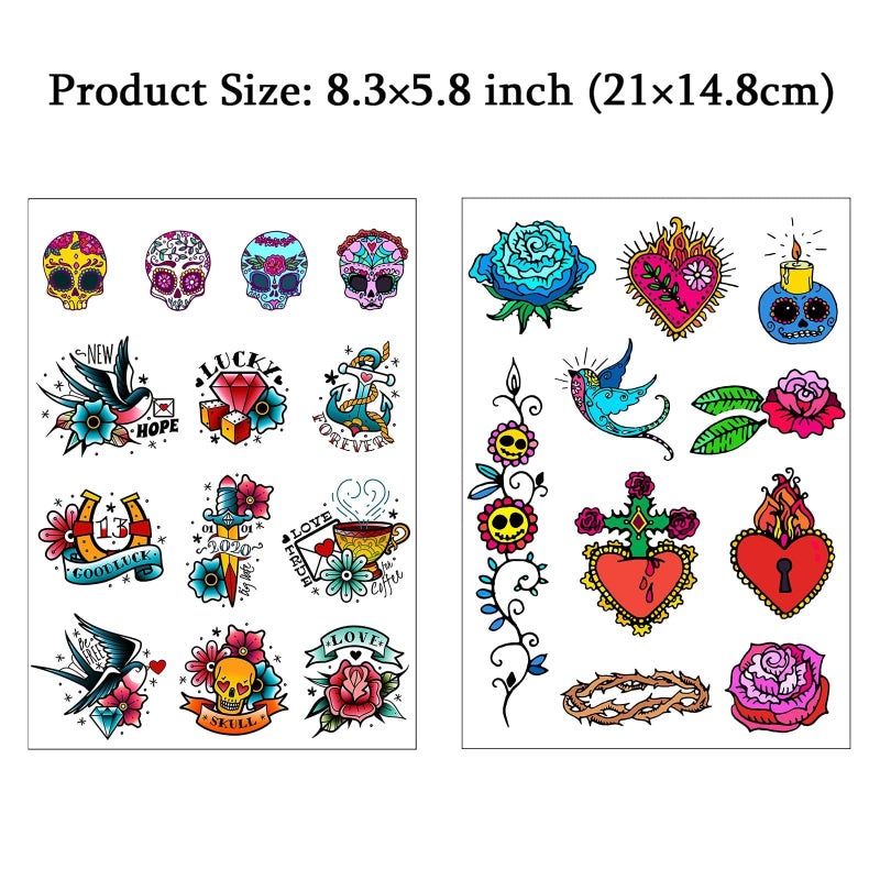 CARGEN Cool Classic Temporary Tattoos - Skull Sword Bird Rose Script Sailor Diamond Old School Traditional Realistic Temporary Tattoos Fake Tattoos Great for Adults Women Men Kids on Arm Leg Face - Image 2