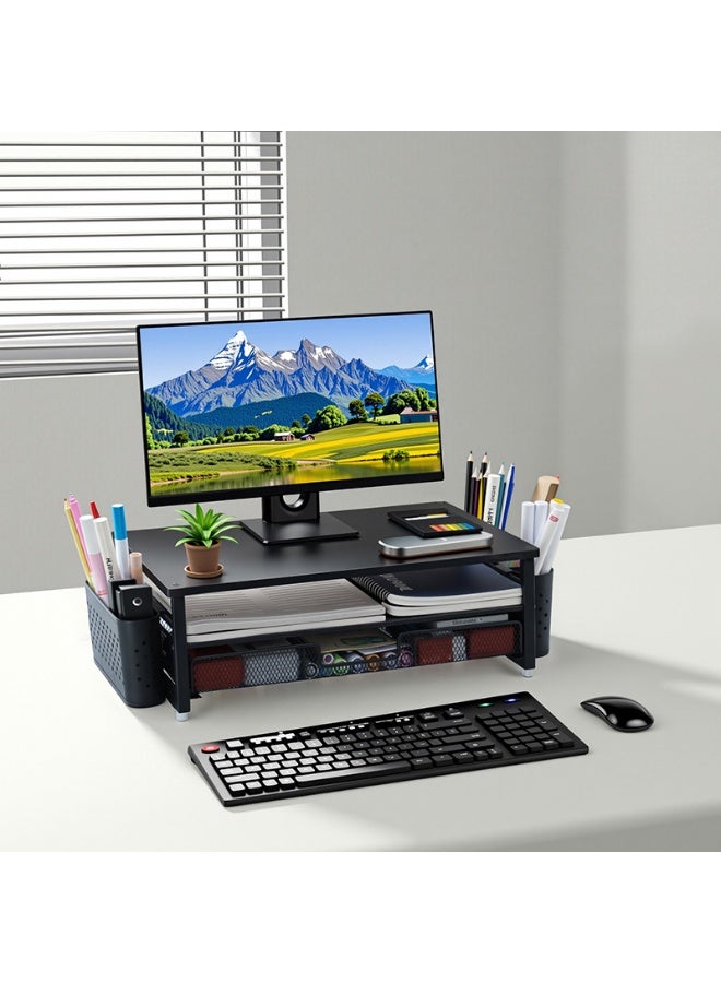 Desk Organizer and Accessories, 2-Tier Computer Monitor Stand Riser with Drawer and 2 Pen Holders, Laptop Stand, for Office Supplies, Black - Image 1