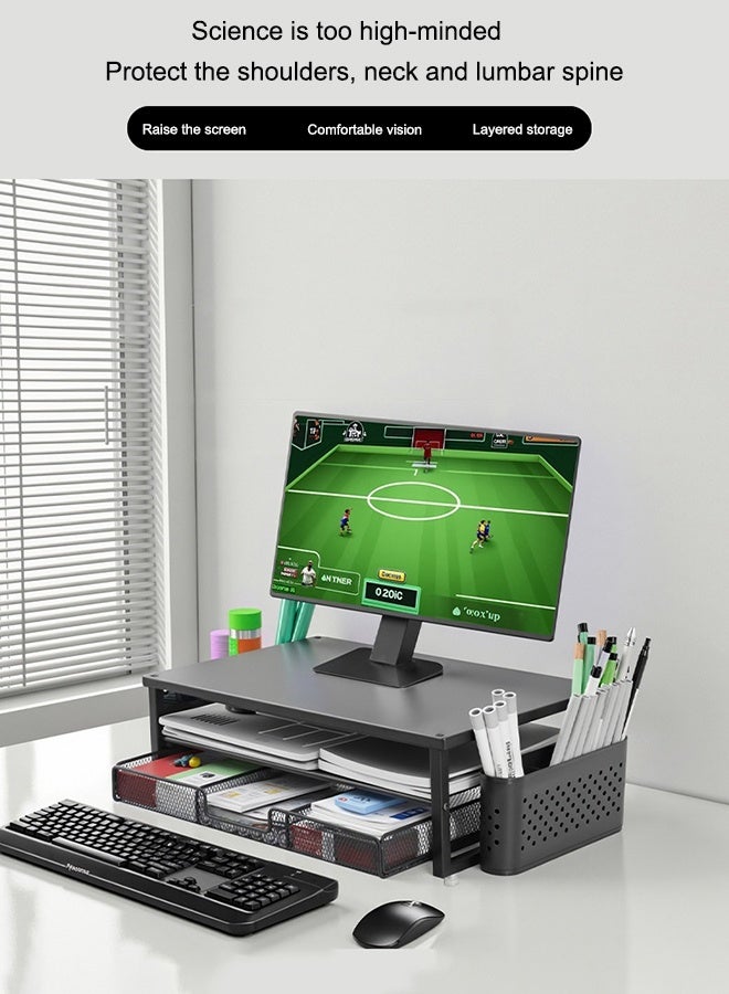 Desk Organizer and Accessories, 2-Tier Computer Monitor Stand Riser with Drawer and 2 Pen Holders, Laptop Stand, for Office Supplies, Black - Image 4