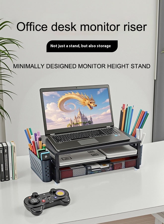 Desk Organizer and Accessories, 2-Tier Computer Monitor Stand Riser with Drawer and 2 Pen Holders, Laptop Stand, for Office Supplies, Black - Image 3