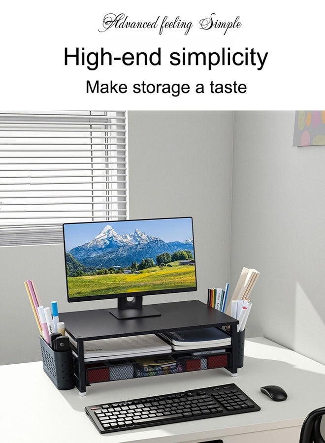 Desk Organizer and Accessories, 2-Tier Computer Monitor Stand Riser with Drawer and 2 Pen Holders, Laptop Stand, for Office Supplies, Black - Image 2