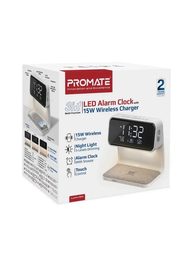 Open Box PROMATE Lumix-15W 3-in-1 LED Alarm Clock with 15W Wireless Charger -White - Image 2
