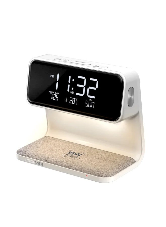 Open Box PROMATE Lumix-15W 3-in-1 LED Alarm Clock with 15W Wireless Charger -White - Image 1