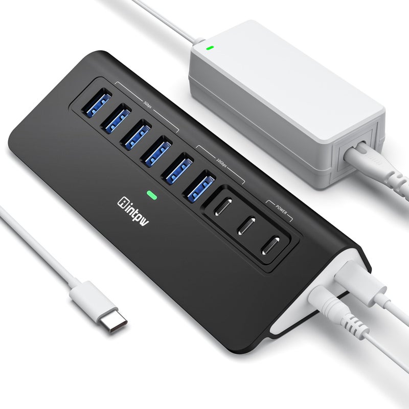 intpw Powered USB Hub 10Gbps,intpw YH6AC 9-Port USB Splitter with USB A/USB C 3.2, 4 USB 3.0, 2 PD 45W Charging Ports, 65W Power Adapter and 3.3FT Cable, Aluminum Black USB Hub for Laptop/PC,iPhone 16/15 - Image 1