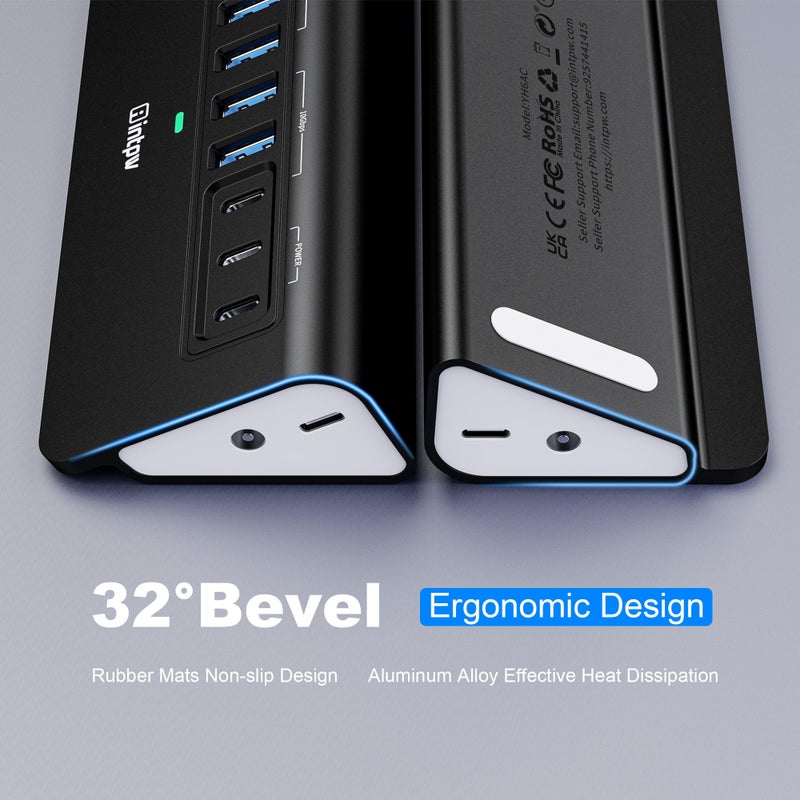 intpw Powered USB Hub 10Gbps,intpw YH6AC 9-Port USB Splitter with USB A/USB C 3.2, 4 USB 3.0, 2 PD 45W Charging Ports, 65W Power Adapter and 3.3FT Cable, Aluminum Black USB Hub for Laptop/PC,iPhone 16/15 - Image 5
