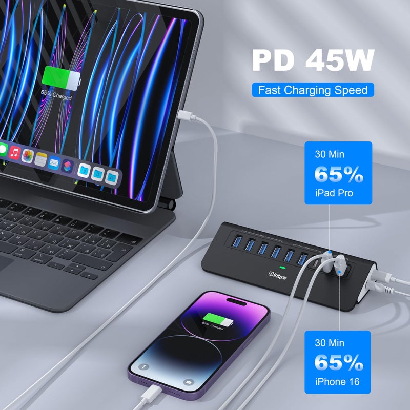 intpw Powered USB Hub 10Gbps,intpw YH6AC 9-Port USB Splitter with USB A/USB C 3.2, 4 USB 3.0, 2 PD 45W Charging Ports, 65W Power Adapter and 3.3FT Cable, Aluminum Black USB Hub for Laptop/PC,iPhone 16/15 - Image 4