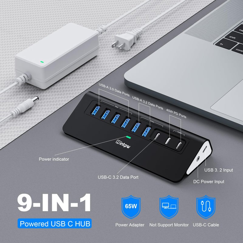 intpw Powered USB Hub 10Gbps,intpw YH6AC 9-Port USB Splitter with USB A/USB C 3.2, 4 USB 3.0, 2 PD 45W Charging Ports, 65W Power Adapter and 3.3FT Cable, Aluminum Black USB Hub for Laptop/PC,iPhone 16/15 - Image 2