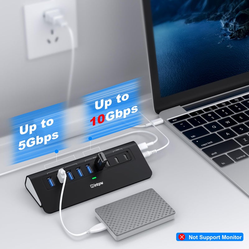 intpw Powered USB Hub 10Gbps,intpw YH6AC 9-Port USB Splitter with USB A/USB C 3.2, 4 USB 3.0, 2 PD 45W Charging Ports, 65W Power Adapter and 3.3FT Cable, Aluminum Black USB Hub for Laptop/PC,iPhone 16/15 - Image 3