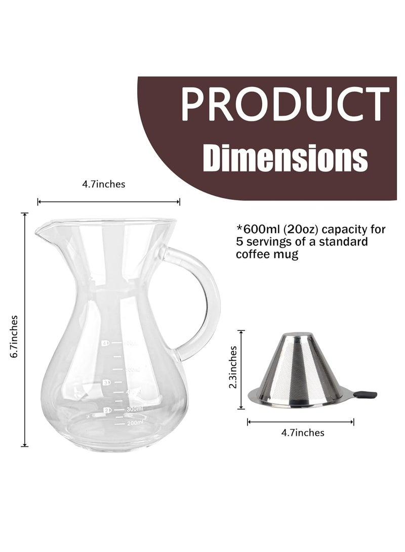 SYOSI Pour Over Coffee Maker 600ml Paperless Borosilicate Glass Carafe Reusable Stainless Steel Filter Manual Coffee Dripper Brewer for Home Office - Image 5