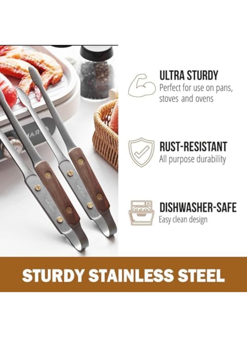 SYOSI 2-Pack Stainless Steel Kitchen Tongs with Wooden Handle, Walnut Food Tongs for BBQ, Grilling, Frying, Salad Plating, Steak, and Cooking ，Multi-Purpose clip，Non-Slip(9.5") - Image 2