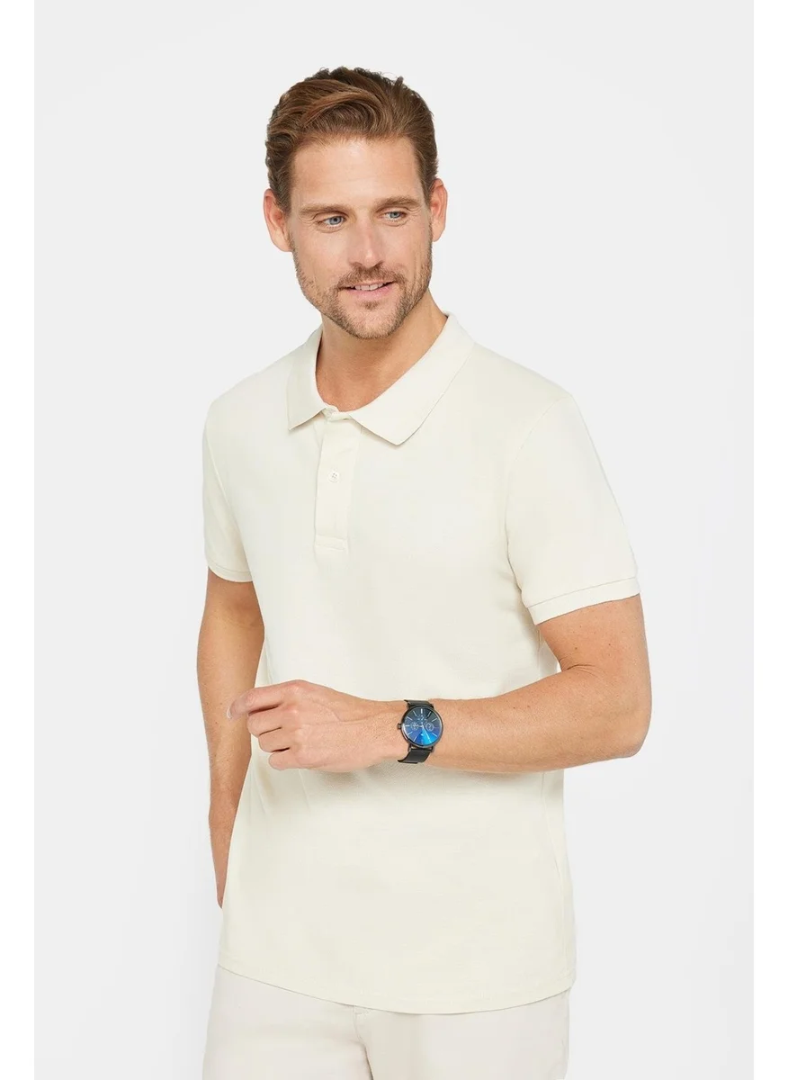 Tudors Men's Slim Fit Slim Fit Cotton Soft Texture Breathable Fabric Non-rolling Collar Ecru Polo Neck T-Shirt