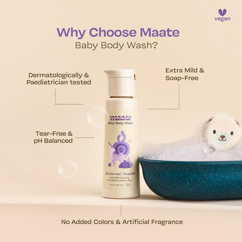 Maate Baby Body Wash | With Ayurvedic Herbs Beetroot, Manjistha & Neem extracts | Body Wash for Dry & Sensitive Skin | Natural & Vegan | Tear-free & pH Balanced | Soap Free (50ml (Pack of 1)) - Image 4
