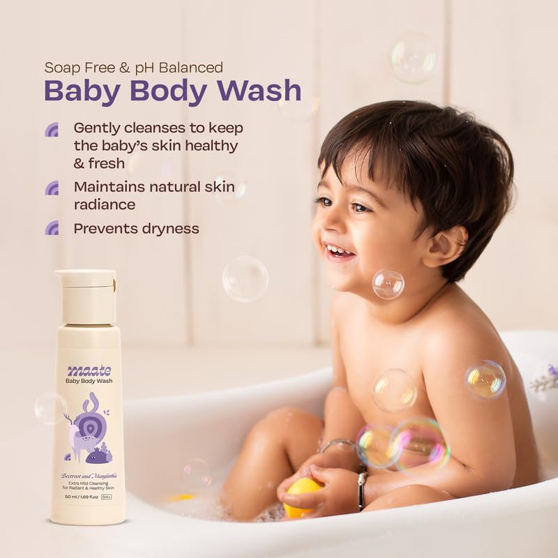 Maate Baby Body Wash | With Ayurvedic Herbs Beetroot, Manjistha & Neem extracts | Body Wash for Dry & Sensitive Skin | Natural & Vegan | Tear-free & pH Balanced | Soap Free (50ml (Pack of 1)) - Image 2