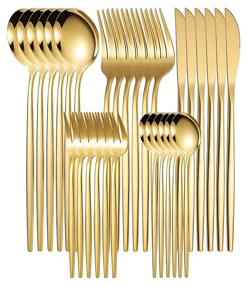بيتوبي 30 قطعة طقم ستانلس ستيل ذهبي كامل لـ 6 أشخاص، يشمل سكاكين وملاعق وشوك، للأكل المنزلي والمطاعم والفنادق - Image 1