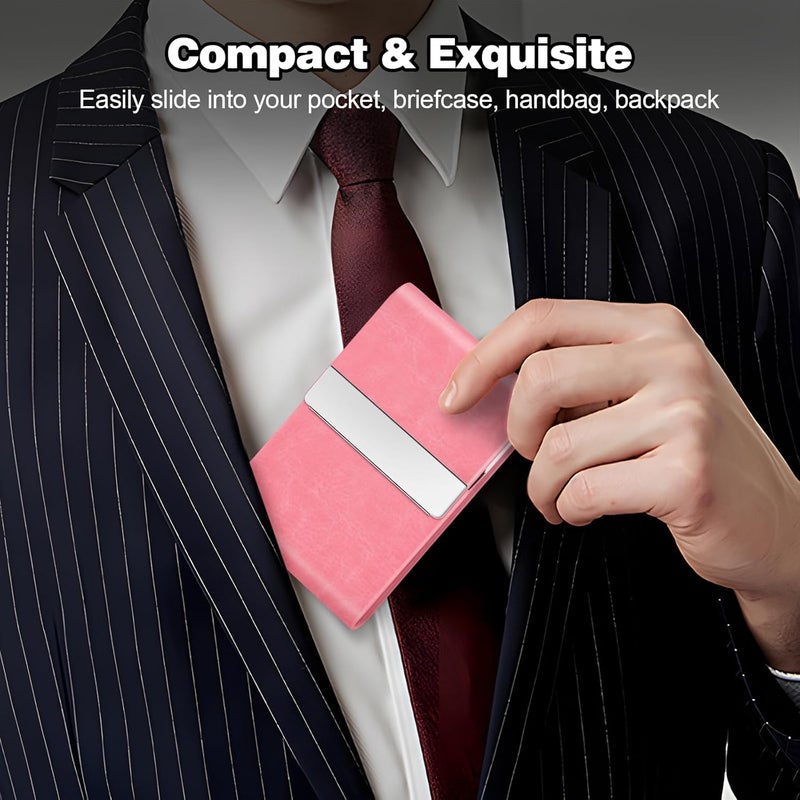 DMFLY Business Card Holder for Women or Men, Business Card Case with PU Leather and Stainless Steel, Slim Metal Case with Magnetic Closure for Business Meeting Use - Image 2