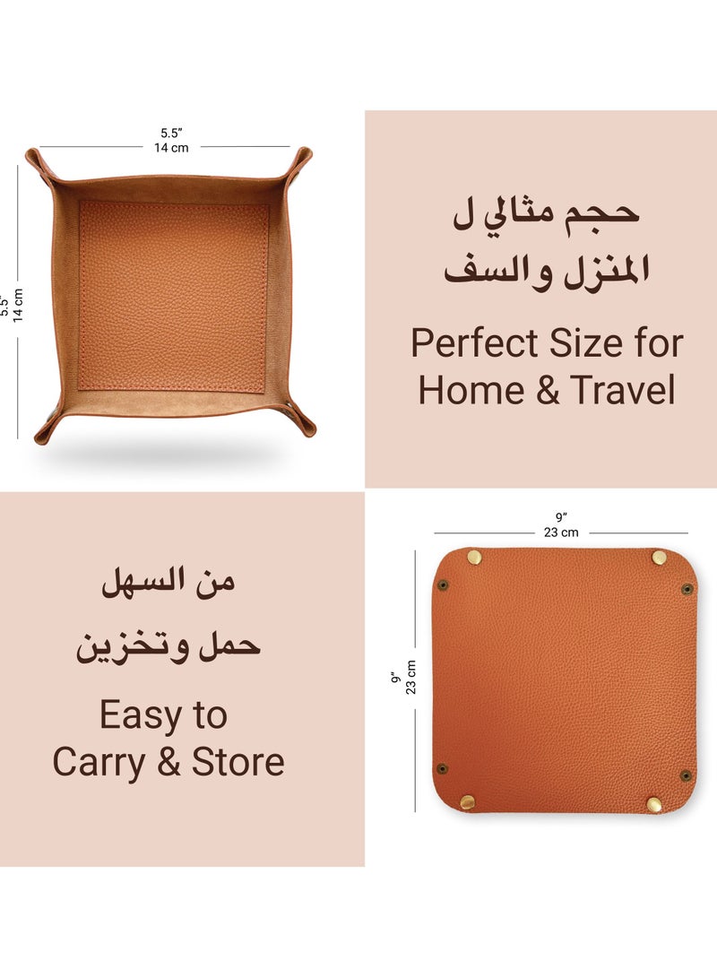 لي آرت LEART - صينية جلديةصينية جلدية صغيرة الحجم لوضع الأغراض الشخصية - صينية صغيرة ومدمجة | منظم للمكتب، بجانب السرير، مدخل المنزل | صينية جلدية للمفاتيح، والعملات المعدنية، والقرطاسية، والمجوهرات (كراميل)  - Image 4