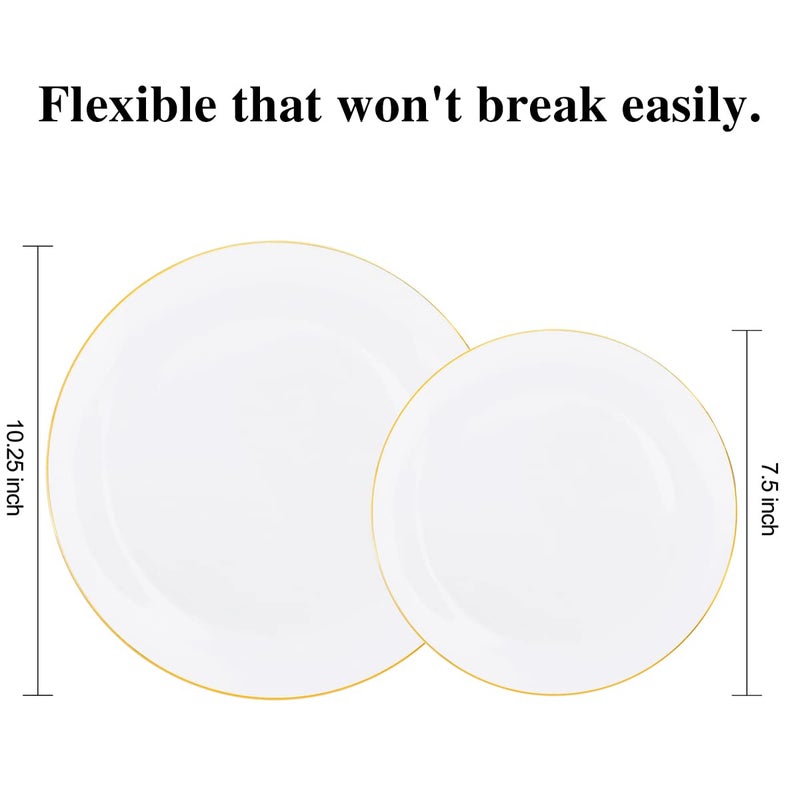 KIRE 100PCS Disposable Plates - White with Gold Rim for Party/Wedding - Includes 50Pieces 10.25inch Dinner and 50Pieces 7.5inch Dessert/Salad Plates - Image 2