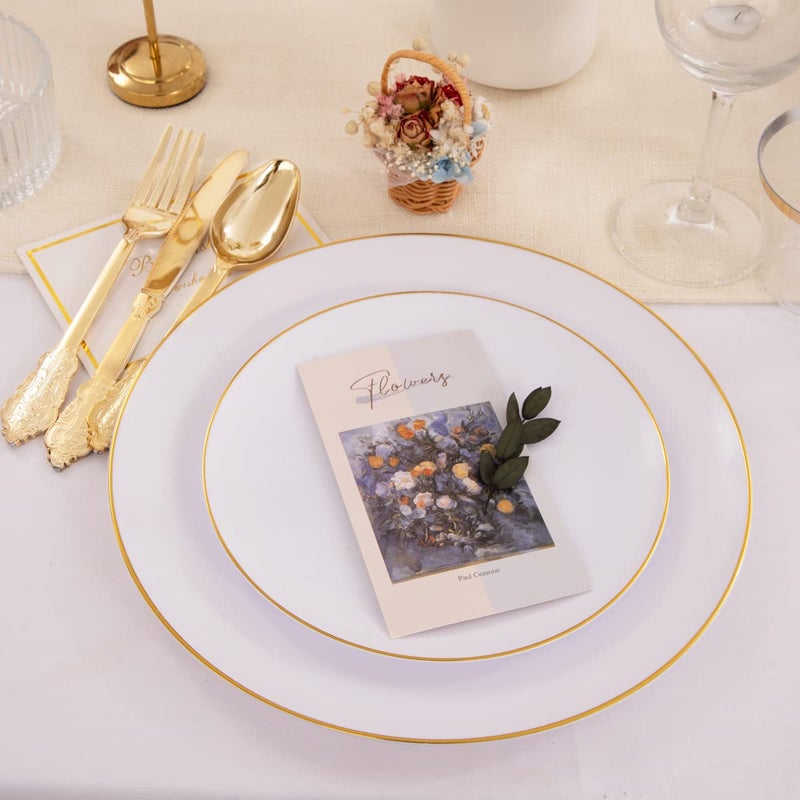 KIRE 100PCS Disposable Plates - White with Gold Rim for Party/Wedding - Includes 50Pieces 10.25inch Dinner and 50Pieces 7.5inch Dessert/Salad Plates - Image 4