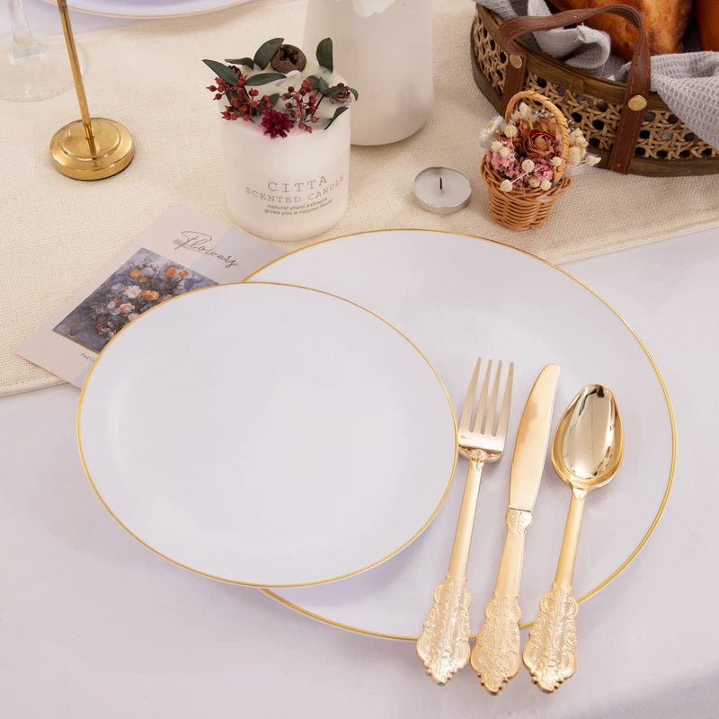 KIRE 100PCS Disposable Plates - White with Gold Rim for Party/Wedding - Includes 50Pieces 10.25inch Dinner and 50Pieces 7.5inch Dessert/Salad Plates - Image 5