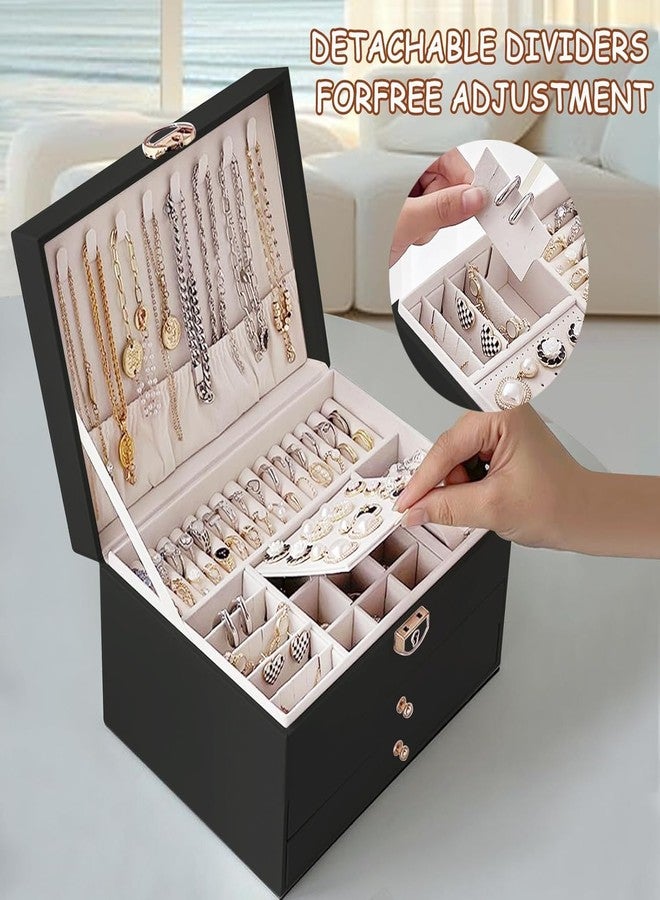 FEBLICH Jewellery Box For Women, 3 Layer Jwell Organizer Storage Box, Jewellery Box, Jewellery Organisers Box, Elegant Storage Case For Rings, Earrings, Necklaces & Bracelets (Black) - Image 4