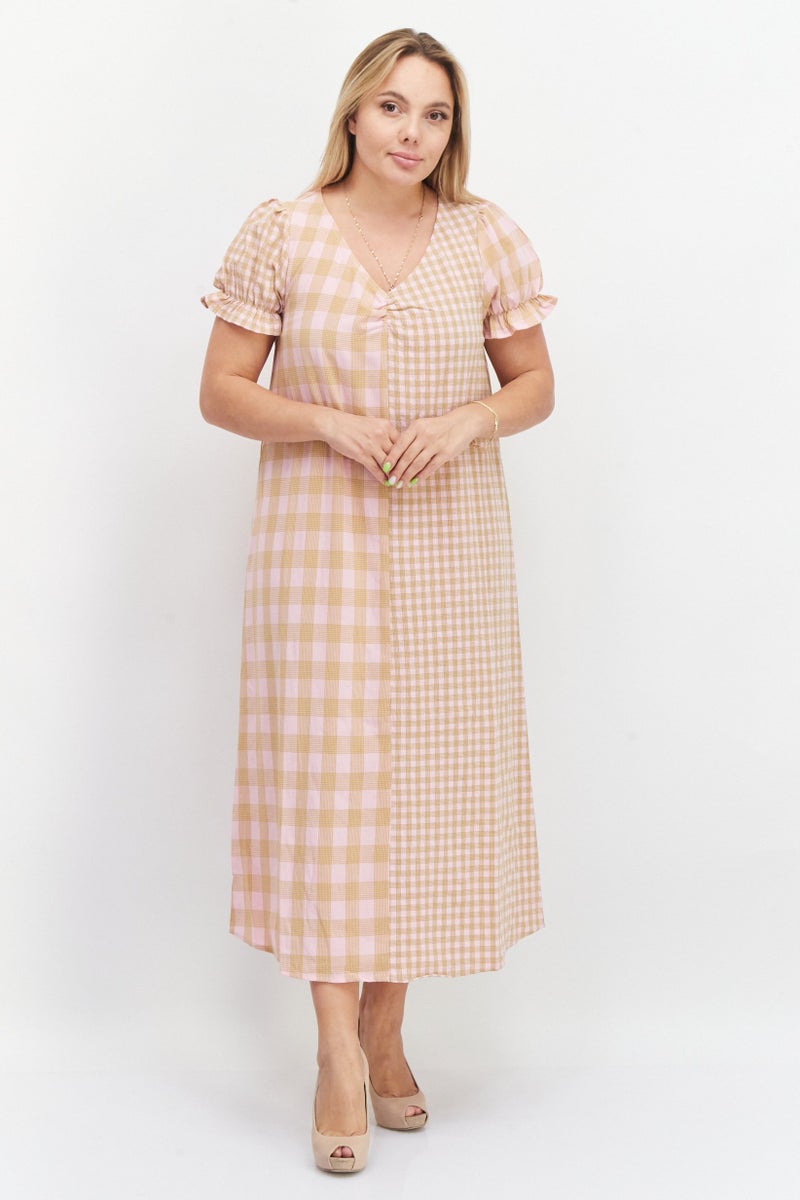 Vila Women Check Print Maxi Casual Dress, Olive - Image 1