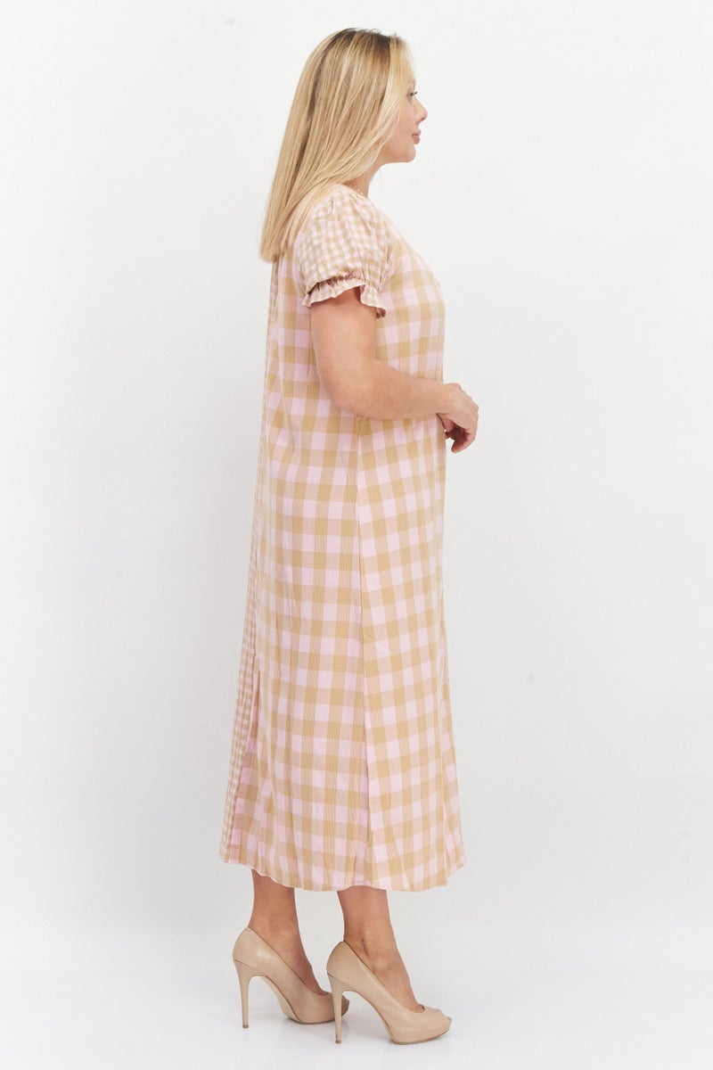 Vila Women Check Print Maxi Casual Dress, Olive - Image 3