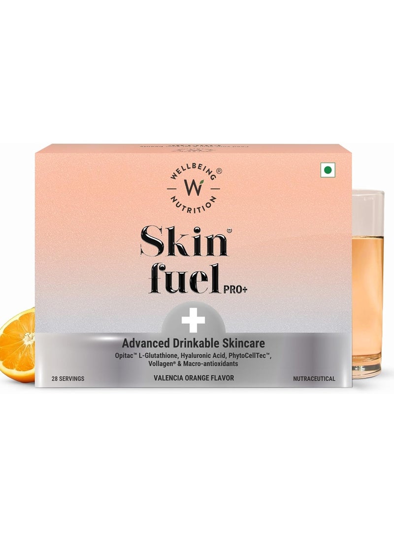 WELLBEING NUTRITION Skin Fuel Pro+|Glutathione,Vit C & E,CoQ10,Vollagen & PhytoCellTech|Reduced Pigmentation & Dark Spots,Brightens Skin Tone,Anti-aging|Valencia Orange, 28 Servings,Sachet,1 count - Image 1
