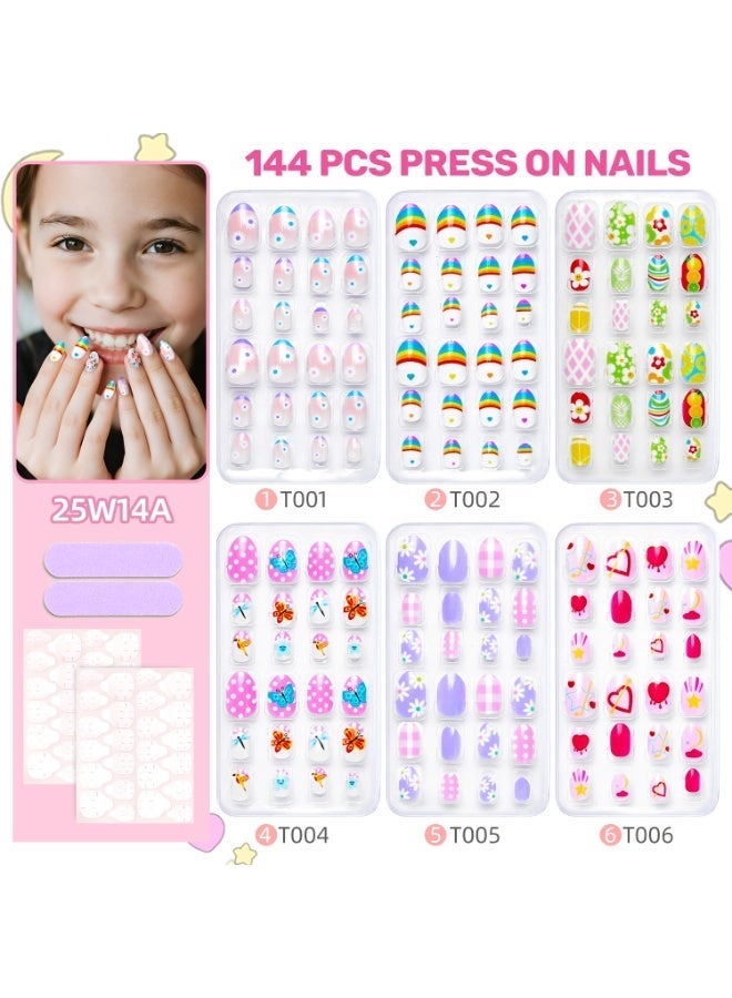 MUMO 144 PCS Press on Nails Grils, Children Fake Artificial False Nail Tips Pre Glue Full Cover Short Acrylic Nails for Kids, Comes with a Tool Kit. Girls Kids Nail Art Decoration for Parties, Birthday and Makeovers - Image 1